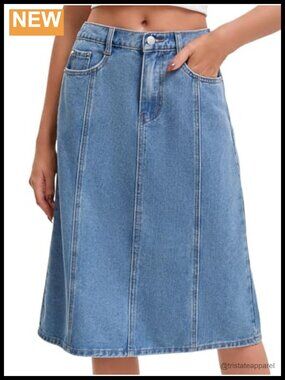 A-Line Denim Skirt Mid Rise Elastic Back Waist Knee Length Jean Skirt